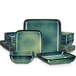 vancasso Dinner Sets, Square Reactive Glaze Crockery Set, 16-Piece Ceramic Plates and Bowls Set with Dinner Plate, Dessert Plate, Bowl and Soup Plate. Vintage Green Look, Service for 4