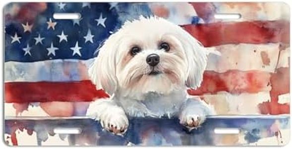 NGZ Maltese License Plate, Funny Pet American Flag Painting Aluminum License Plate Suitable for Car, RVs, Bars, Fences, garages, etc. 12x6 Inch