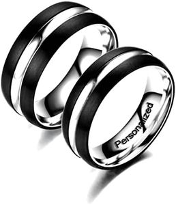 Ihanskio Anillo Personalizado Para Pareja De Anillos De Patrón De Rayas Azules En El Interior Puede Grabar Anillos De Compromiso De Boda De Promesa (Black, Custom)