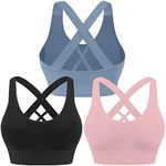 Evercute Sports Bra for Women Padded Medium Support Criss Cross Strappy Bras Seamless High Impact Yoga Exercise Athletic Bras, Black Pink Dusty Blue 3 Pack, Medium