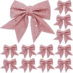 YUNSTK 12pcs Glitter Christmas Bows, Pink Bows for Christmas Tree, 5.5in Wreaths Bows Xmas Bow Decorations, Sequin Bow Ties Pink Christmas Bows for Xmas Tree Wreaths Garland Gift Wrapping Decor