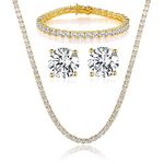 18K Yellow Gold Plated Tennis Necklace/Bracelet/Earrings Sets Pack of 3, 4.0mm Cubic Zirconia 7.5 Inch Bracelet+18 Inch Necklace+6.0 CZ Studs