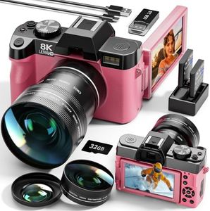 8K Digital Cameras for Photography with Dual-Lens, 64MP WiFi Vlogging Point and Shoot Camera Kit with 180° Flip Screen, 16X Zoom, 32GB Card, Portable Camera for Beginners, Teens, 2 Batteries(Pink)