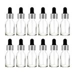 nsb herbals 15 ML Clear/Transparent Round Empty Glass Bottle + Glass Dropper + Silver Ring + Silcon Black Teat, Refillable, Leak Proof For Essential Oils, Perfumes (Pack of 6)