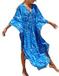 Bsubseach Blue Print V Neck Kaftan Plus Size Cover Ups for Swimwear Batwing Sleeve Caftan Maxi Dresses for Women