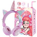 charlxee Kids Headphones,Unicorns Wired Headsets with Gifts Packing Include Sticker&Bracelet for Girls,Built-in Mic&On/Over Ear HD Stereo for Online Study/School/Tablet with Nylon Cable (Pink)