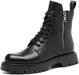 HSGMXGIXS Men's Leather Platform Lace-up Combat Boots Round Toe Side Zip Chunky Heel Non-Slip Lug Sole High Top Motorcycle Boots (Black,13.5)
