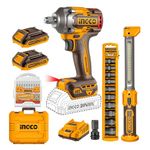 Ingco 20V Cordless Impact Wrench 405NM, Variable Speed 2400RPM, With 1Pcs Work Lamp, 2Pcs 2.0Ah Battery And Charger, 10Pcs Socket, 10pcs Screwdriver bits, Packed by Carrying Case