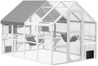 PawHut 110" L Large Catio Outdoor Cat Enclosure for Multiple Kittens, 56 sq.ft Wooden Cat House with Waterproof Cover, Walk in Kitty Cage Kennel with 2 Condos, 6 Platforms, Bridge, Doors, White