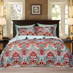 PHF 100% Cotton Boho Quilt Set King Size, 3PCS Pre-Washed Lightweight Bedspread for All Season, Drop Nicely, 1 Floral Reversible Coverlet 108" x 90" and 2 Pillow Shams 20" x 36", Red