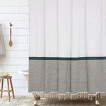 HALL & PERRY Modern Farmhouse Tassel Shower Curtain 100% Cotton Striped Fabric Shower Curtain with Tassels for Bathroom Décor (Tan, 72"x72")