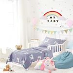 Uozzi Bedding 4 Piece Blue-Gray Unicorn Toddler Bedding Set with Rainbow Stars - Includes Adorable Quilted Comforter, Fitted Sheet, Top Sheet, and Pillow Case - Cute Design