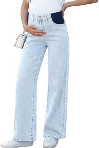 BLENCOT Pregnancy Pants for Women Maternity Wide Leg Jeans Elastic Waist Strech Denim Outfits Beau Blue Large