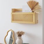 MOIUCUN Wall-Mounted Magazine Rack with PE Rattan Grid, Size 44 x 24 x 10 cm, Newspaper Holder, Wall Organiser for Entrance Area, Living Room, Waiting Room, Children's Room, Office (Wood Colour)