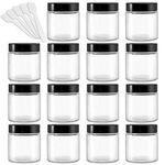 Clear Glass Jars 15 Pack, Betrome 4 oz 120ml Round Empty Cosmetic Containers for Scrubs, Lotions, Cosmetic and Butters, Travel Jars Storage Jar with White Inner Liners, Black Lids and Spatulas