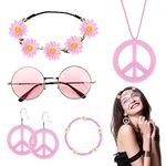 YYBD 6Pcs Hippie Costume Set Hippie Dressing Accessories Boho Necklace Love & Peace Earrings Daisy Flower Crown Headband Hippie Pink 60s 70s Outfits for Summer Beach Luau Party Supplies