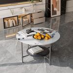 FATIVO Round Coffee Tables Sintered Stone: 2-Tier Circle Coffee Tables 80 cm White Black Textured Marble Table Top with Sturdy Aluminum Frame Couch Center Tables Living Room Indoor Outdoor Furniture