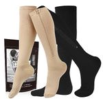 2 Pairs Zipper Compression Socks for Women and Men, 15-20 mmHg Knee High Compression Stockings, Closed Toe Support Socks