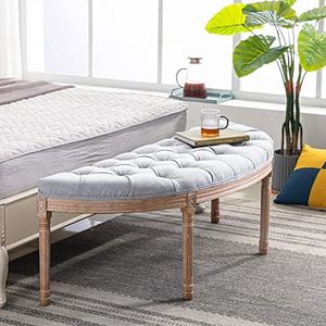 DM Furniture 55" Halfmoon Entryway Bench Tufted Semi Circle Ottoman Bench Seat French Style Upholstered Bed End Bench for Foyer Mudroom Bedroom, Light Grey