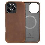 Belemay Compatible with iPhone 16 Pro Leather Case Magsafe - Top Grain Vintage Crazy Horse Leather - Metal Buttons & Camera Bezel Bump - Slim Fit & Soft - Premium Phone Cover (6.1-inch) Retro Brown