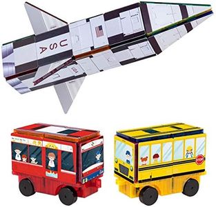 PicassoTiles Magnet Building Blocks STEM Learning Construction Toy Set Early Education Kit 3-in-1 Rocket, School Bus, Train Theme Stick-On Puzzle Pretend Play Magnetic Tiles Kids Building Block Toys