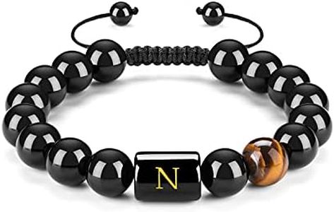 FRG Initials Bracelets for Men Letter Link Handmade Natural Black Onyx Tiger Eye Stone Beads Braided Rope Meaningful Bracelet
