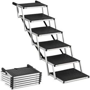 Petzly Dog Ramps for Small & Large Dogs, Portable Folding Dog Stairs with Non-Slip Surface, Aluminum Dog Ramps for Cars, SUV, Trucks and High Beds, Adjustable Height Dog Steps, 6 Steps