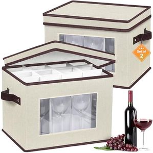 homyfort 2 Pack Wine Glass Storage Box with Dividers, Stemware Storage Case Organizer, China Crystal Glass Storage Containers for 24 Goblets (Beige)
