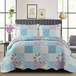 Quilted Bedspreads Patchwork Throw - Box Pattern Cotton Filling Vintage Bedding Double Bed Bedspread - Hypoallergenic Quilt Coverlets Warm Bedding With Pillow Shams Floral Blue Blanket