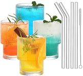 ALINK 7 oz Small Ribbed Drinking Water Glasses with Glass Straws 4pcs Set, Vintage Iced Coffee Cups Glassware, Origami Style Ridged Glass Tumbler for Coocktail, Whiskey, Beer - Cleaning Brush