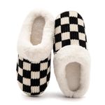 Waysoland Slippers Women Men,Fuzzy Ladies Memory Foam Checkered Slippers Slip on Anti-Skid Sole Bedroom Cloud Slippers Indoor Outdoor(fluffy Black,9/10 UK)