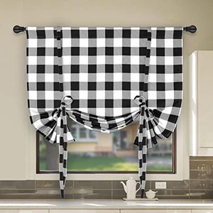 Simple Deluxe Adjustable Tie Up Shade & Curtains for Kitchen Windows, Buffalo Check Plaid Farmhouse Thermal Insulated Blackout Room Darkening Curtain, 42" W x 63" L, Black and White