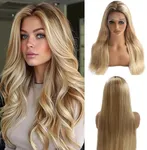 Long Straight Highlight Lace Front Wig Human Hair 150% Density 13X4 HD Transparent Glueless Wigs Human Hair Ombre Golden Brown to Blonde Balayage Lace Front Wig Pre Plucked Hairline 32 Inch