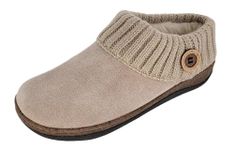 Clarks Women's Suede Leather Slipper with Knitted Sweater Collar & Faux Fur Lining - Indoor/Outdoor House Slippers for Women with Cork Midsole Clog, Stone/Gold, 11