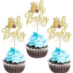 ZHUOWEISM 24 PCS Bear Oh Baby Shower Cupcake Toppers Bear Bow Gender Reveal Cupcake Picks for Classic Bear Baby Shower Kids Birthday Party Cake Decorations Supplies Gold