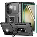 for Samsung Galaxy S24 Ultra Case with Slide Camera Cover & Screen Protector (2 PCS), Build in 360° Rotating Ring Kickstand, Military Grade Protective Case for Galaxy S24 Ultra 6.8 inch, Black