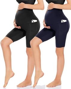 HIGHDAYS Maternity Shorts Over The Belly - 8" Women's Pregnancy Biker Shorts for Yoga Active Workout Running Athletic, Black+navy(2 Pockets), M