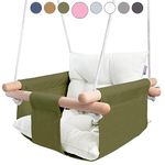 CaTeam - Canvas Baby Swing, Wooden Hanging Swing Seat Chair with Safety Belt, Durable Baby Swing Chair, Outdoor and Indoor Swing for Kids, Mounting Hardware Included, Green