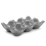 Flexzion Ceramic Egg Holder for Fridge - 6 Cups Egg Tray Half Dozen Porcelain Container Keeper Storage Organizer Decorative Serving Dish Serveware for Refrigerator Countertop Display Kitchen (Gray)