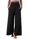 Achinel Cotton Linen Trousers Womens Wide Leg Pants Ladies Elastic Waist Trousers Casual Baggy Pants Black XXL