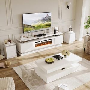 Nordivale 4-Piece Modern Living Room Table Set, Includes White High Gloss 70" Fireplace TV Stand, 47" LED Coffee Table and 15" End Tables Set of 2 with Storage Drawers, White