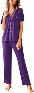 Avidlove Women Pajamas Set Notch Collar Soft Sleepwear Pjs Short Sleeve Button Down Nightwear with Long Pants Purple