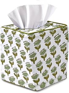 CPC Emerald Green Hand Block Printed Cotton Tissue Box Cover 5" x 5" x 5.5" Square Soft Reusable Boho Napkin Holder for Home Kitchen Dining Bathroom Office Cafe Spa Summer Thanksgiving
