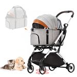 LPOTIUS 4 Wheels Pet Stroller with Detachable Carrier, Foldable Cat Dog Travel Carriage, 3-In-1 Cat Dog Stroller with Detachable Carrier Universal Wheel Brake Grey