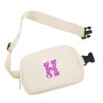 COSHAYSOO Small Waist Fanny Pack Belt Bag with Initial Letter Patch Adjustable Strap for Women Teen Girl Running Traveling Cycling, Mini Crossbody Travel Purse Trendy Everywhere Kawaii Pouch Ivory (H)