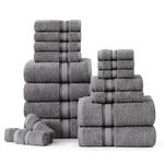 Luxury Bath Towels Set - 100% Cotton Bathroom Towels, Quick Dry Shower Towels, Extra Aborbent Bath Towel, Super Soft, 6 Bath Towels, 6 Hand Towels, 6 Wash Cloths (18 Pack) - Cool Grey