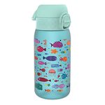 Ion8 Kids Water Bottle, 350 ml/12 oz, Leak Proof, Easy to Open, Secure Lock, Dishwasher Safe, BPA Free, Carry Handle, Hygienic Flip Cover, Easy Clean, Odour Free, Carbon Neutral, Free Fish Design