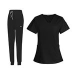 Baoblaze Female Scrub Set, Durable Short Sleeves v Neckline Top and Pants Work Clothing, Black, M