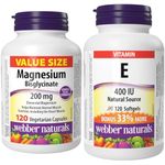 Webber Naturals Magnesium Bisglycinate 200 mg, 120 Capsules, Supports Bone and Muscle Functions, Vegan & Vitamin E 400 IU, 120 Softgels, Natural Source of Vitamin E, Antioxidant Support