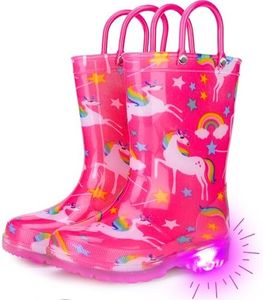 Funspread Rain Boots for Girls - Light Up Rain Boots for Toddlers and Kids Waterproof Shoes with Handles Dark Pink Size 2B